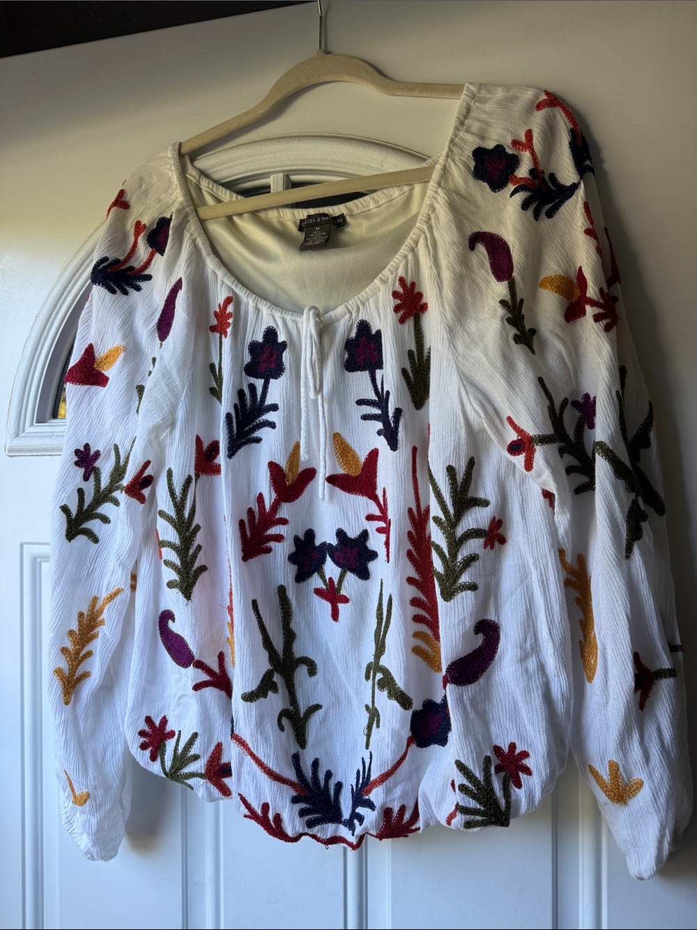 Chelsea & Theodore White Peasant Blouse with Multicolor Floral Embroidery